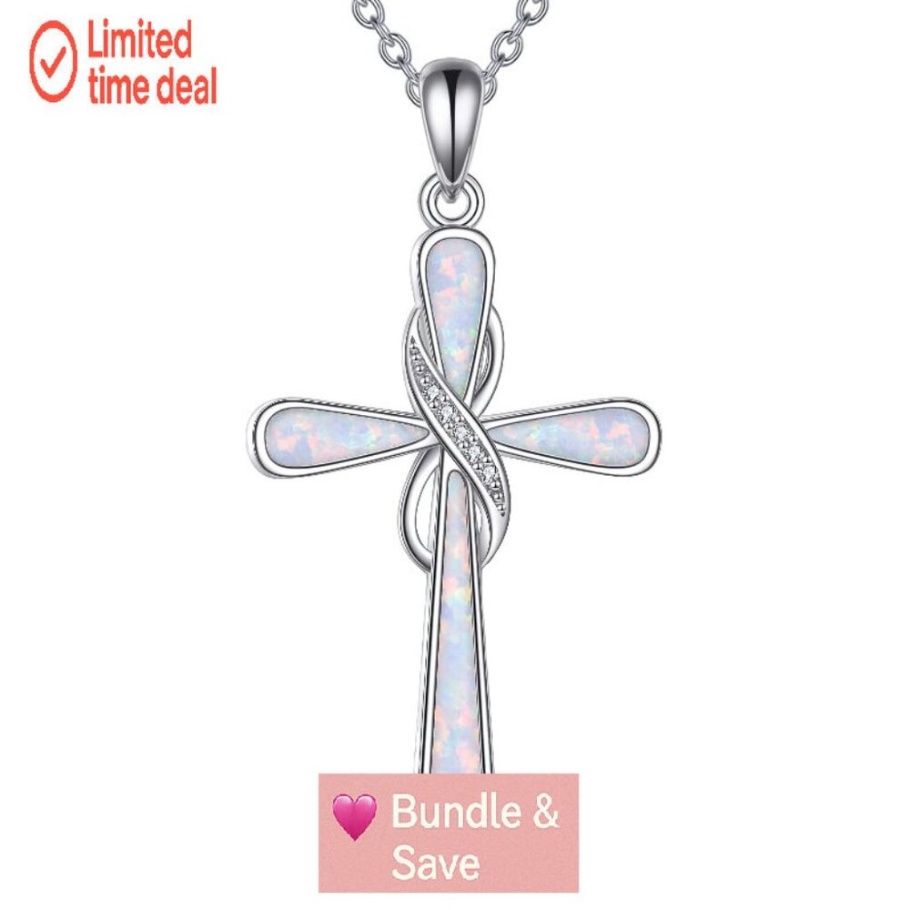 Sterling Silver Infinity Cross Necklace with Opal Pendant 18"